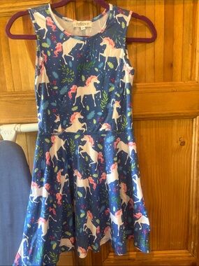 Girls' Navy Unicorn Print Sleeveless Dress with Pink Details